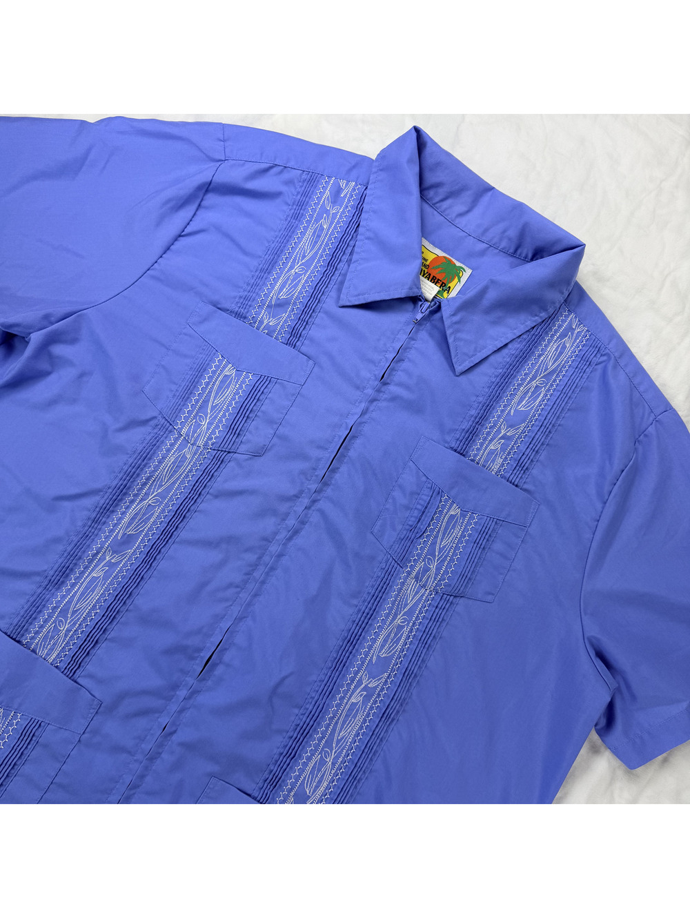 Haband Guayabera Shirt Mens XL Blue Embroidered Full Zip 4 Pocket Cuba